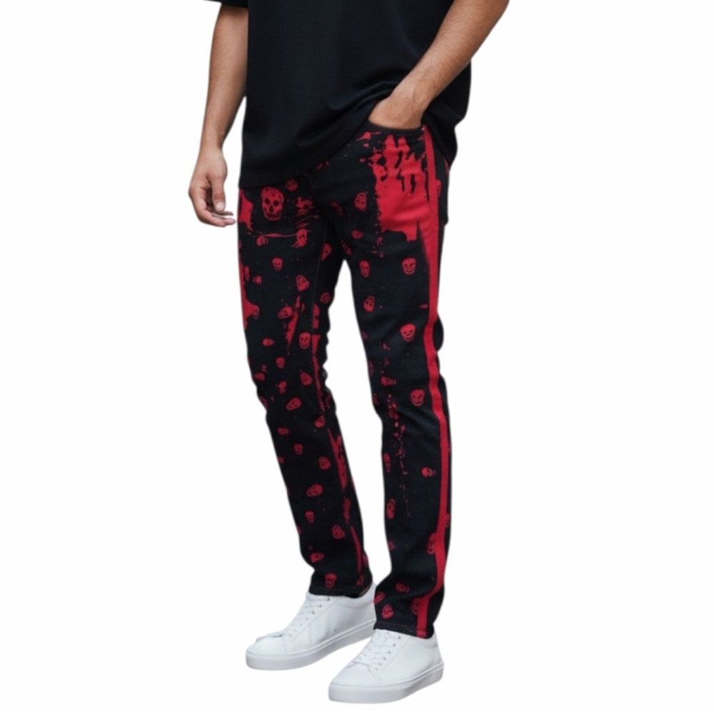 NEW FASHION Red and Black Skull Print Jeans